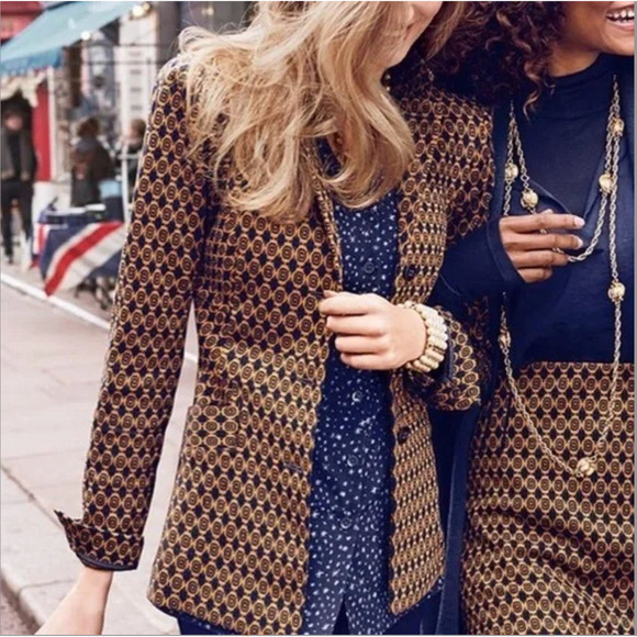 Cabi Kensington Proper Standout Blazer Jacket in Yellow Navy Medallion Motif, XS - Picture 2 of 16